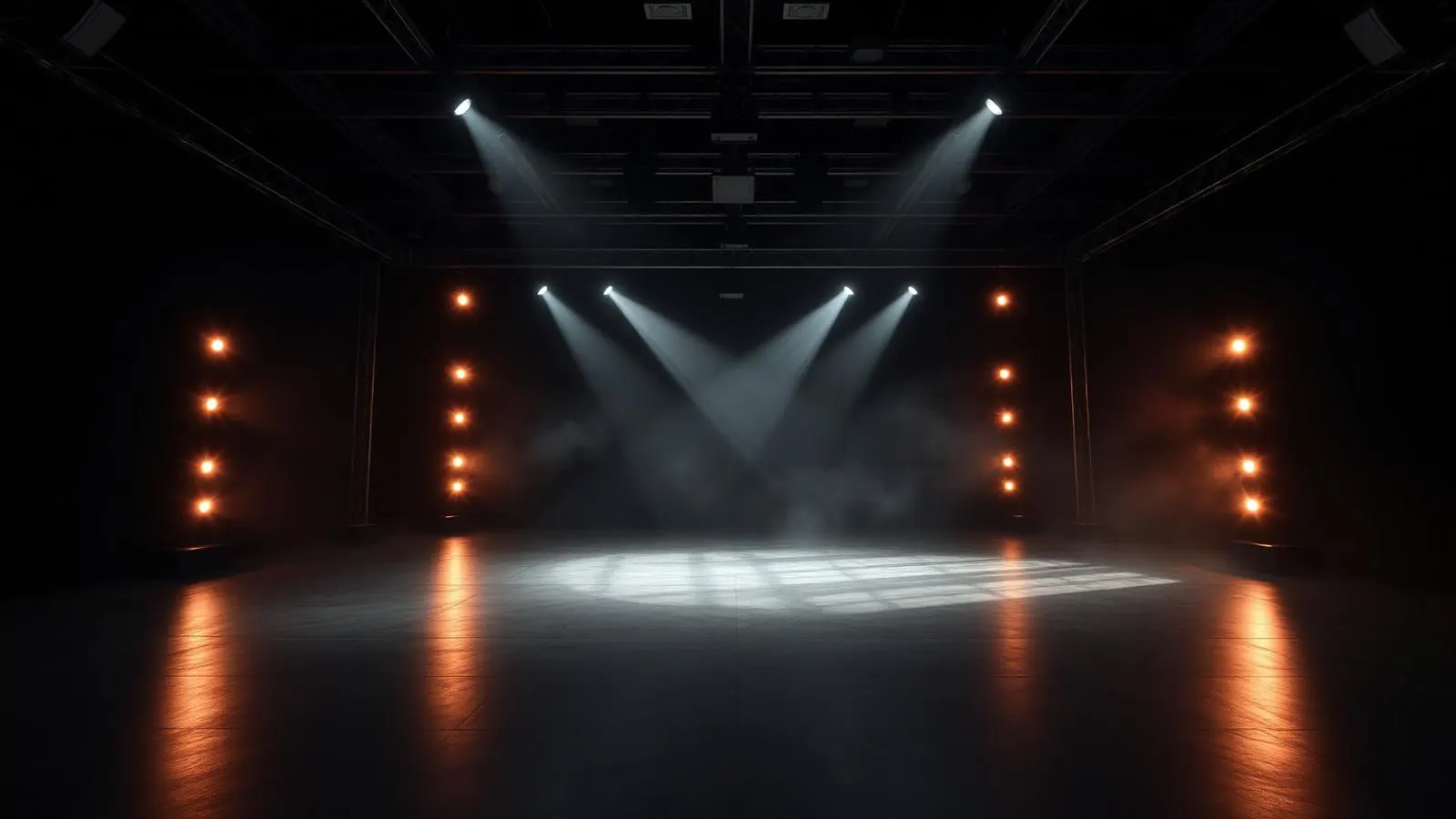 Empty film studio lit with dramatic beams of light